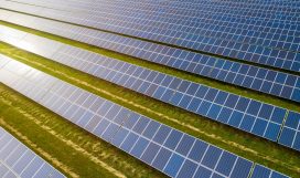Industrial landscape with blue solar panels. Photovoltaic modules for renewable energy.