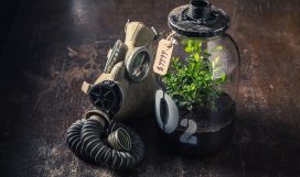 Strange oxygen mask as symbol of climate change. Climate change on earth and the lack of clean air.